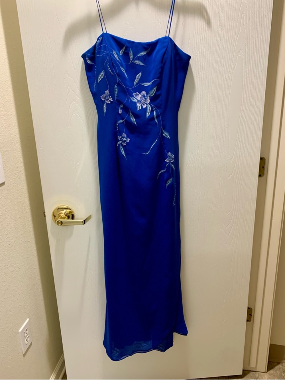 Mon Cheri Royal Blue Beaded Spaghetti Strap Prom Dress